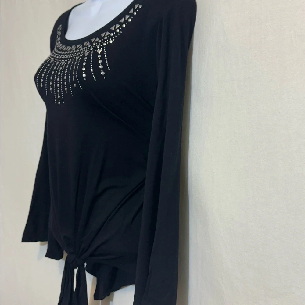 H-161 JM Collection Black Embellished Tie Front Long Sleeve Pullover Blouse‎ - Picture 7 of 14
